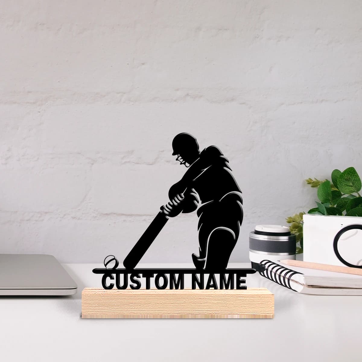Custom Metal Theme Baseball with Wood Base, Rustic Kitchen Table Decoration with Wood Frame, 1 Piece