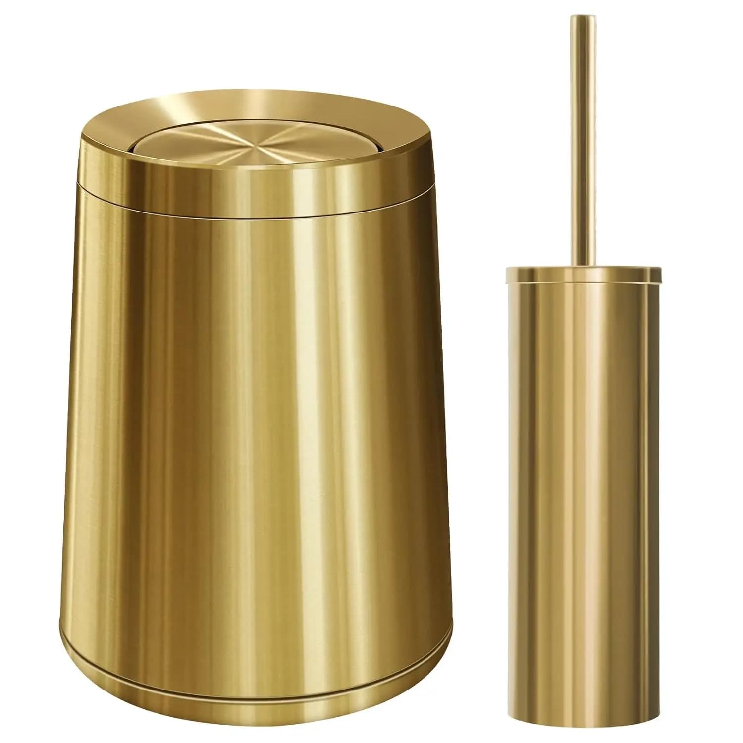 Set di 2 Pattumiere Dorate per Bagno con Coperchio Ribaltabile da 10 L e Set Spazzola WC, Piccole Pattumiere in Acciaio Inox Spazzolato