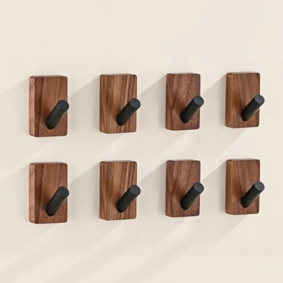 Set di 8 Ganci da Parete in Legno, Adesivi o da Montare, Decorativi in Stile Boho, in Legno di Noce per Asciugamani e Vestiti