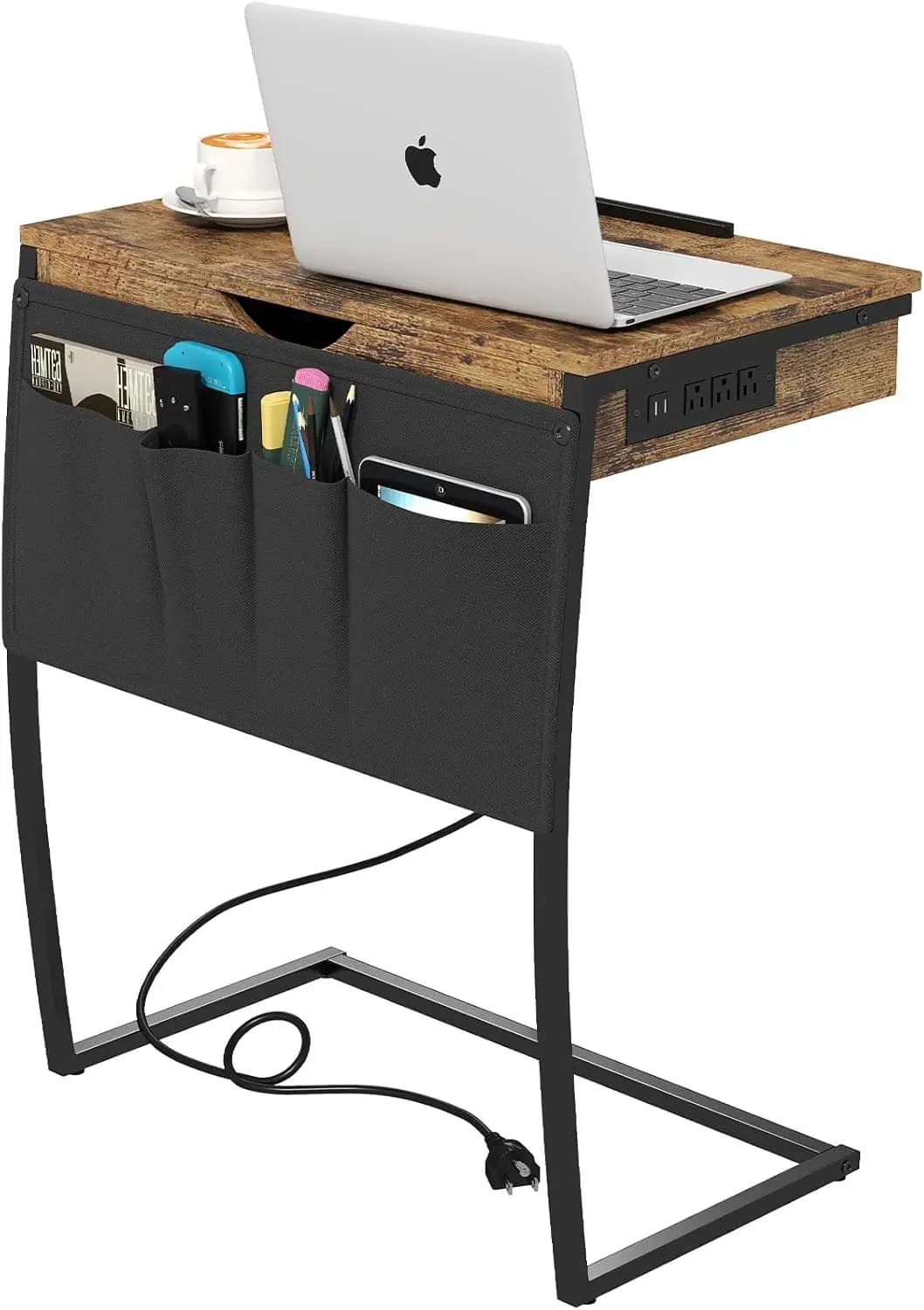 Tavolini da divano, supporto per laptop da divano, tavolino a forma di C con stazione di ricarica, tavolini da divano scorrevoli sotto il divano, tavolini da letto