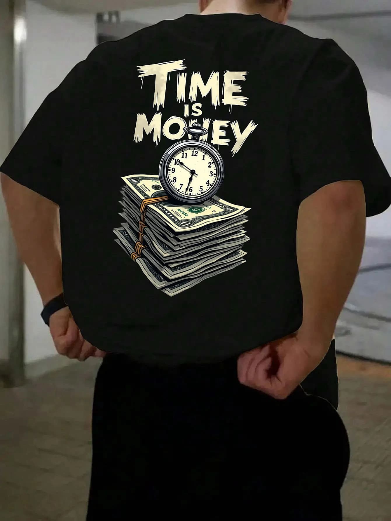 T-shirt da uomo a maniche corte con tessuto in poliestere stampato con motivo orologio, top casual alla moda con scollo tondo