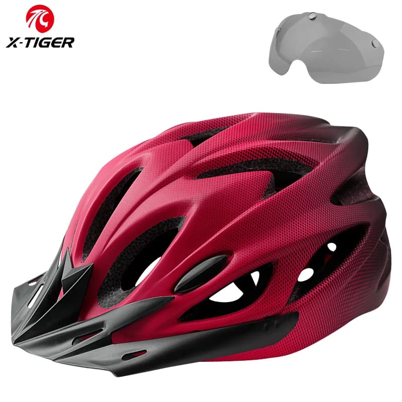 X-TIGER Cycling Helmet Bicycle Helmet Shaped Entirely LED Lights MTB Bike Helmet Ultralight Safe Sports Hat with Glass Visiera