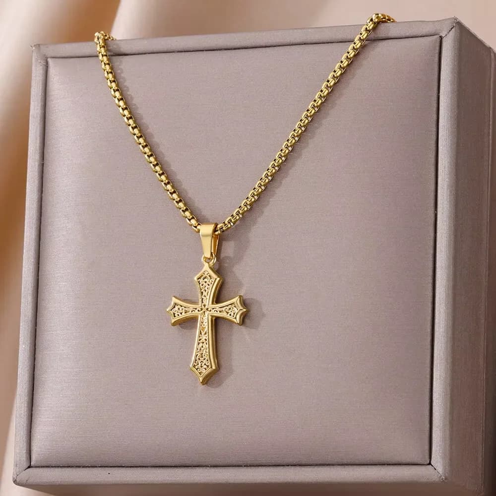 Collane con croce in acciaio inossidabile per donna e uomo, colore oro, ciondolo religioso, collana girocollo, gioielli, regalo, bijoux, donna, Lucky Giftooo