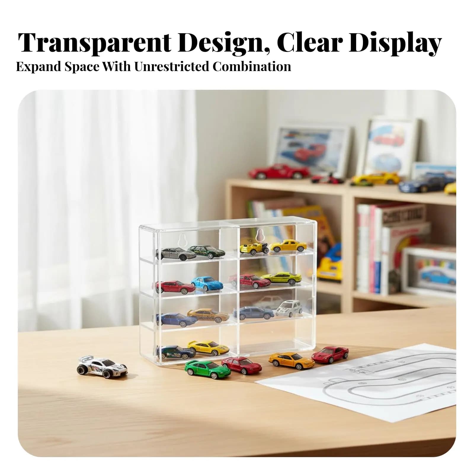 8 compartment storage box, unchecked proof, 8 compartment auto organizer, stackable display for car models, transparent plastic for collectors