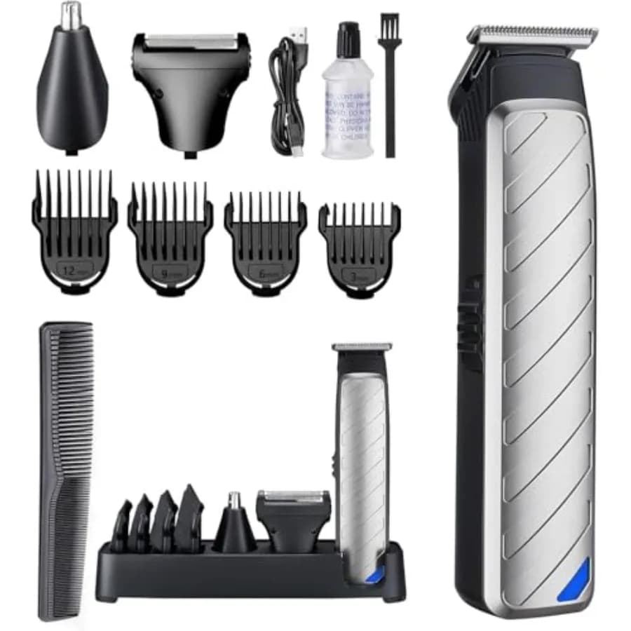 Regolabarba da uomo: kit per la cura della barba 3 in 1 con testine in acciaio inossidabile, nero, autonomia di 120 minuti, base porta regolabarba per naso/corpo