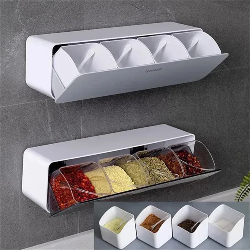 Set combinato di scatole per condimenti 4 in 1, scatola portaoggetti per condimenti a parete, zucchero, sale, spezie, contenitore, organizer, forniture da cucina