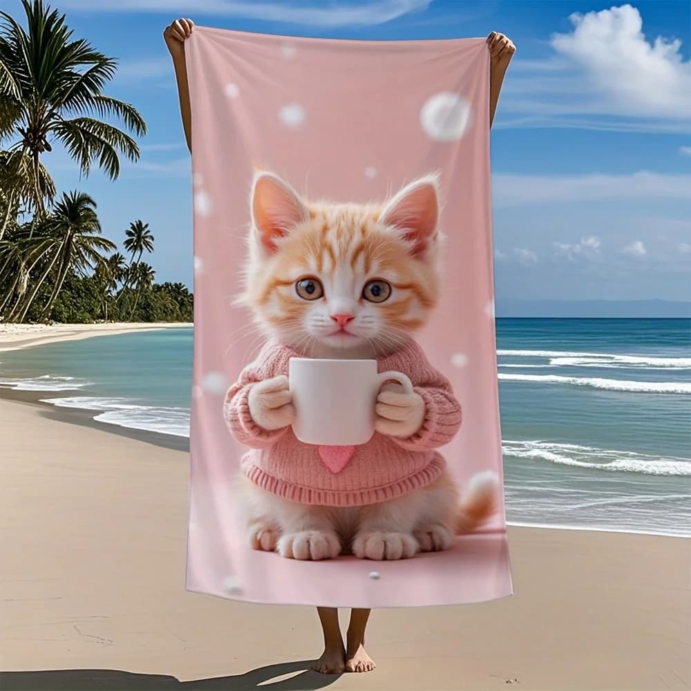 Asciugamano da bagno in microfibra con motivo geometrico a forma di gattino da cartone animato - Morbido, assorbente, ad asciugatura rapida, design compatto da viaggio per piscina, sauna