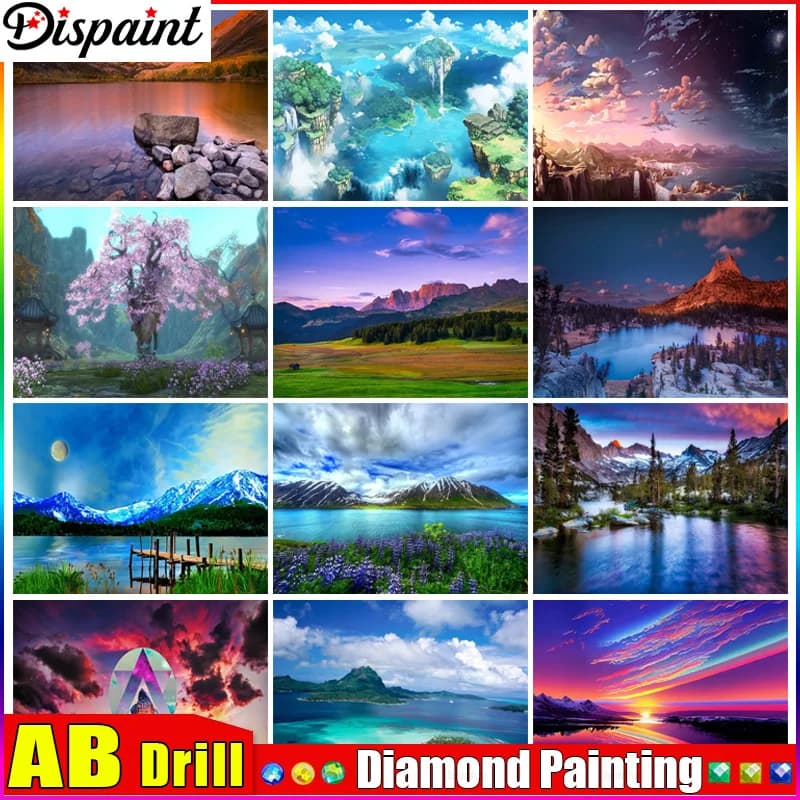Dispaint AB Diamond Painting Full Square/Round Diamond"River Sunset Tree"Pattern Embroidery Cross Stitch 5D Rhinestone Painting