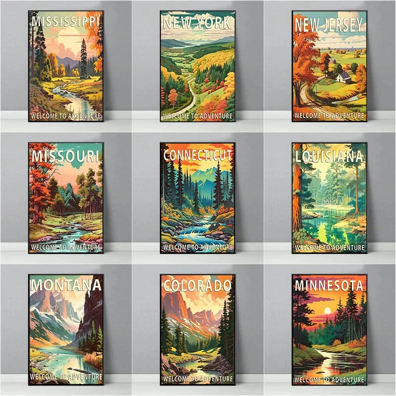 Montana Missouri New Jersey US States Scenery Poster Retro National Park Canvas Painting Wall Art Picture Living Room Home Decor