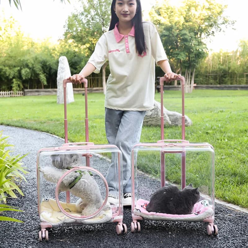 Large Pet Carrier Bag Travel Trolley Transparent Cat Dog Universal Wheel Rolling Carrier Trolley Case