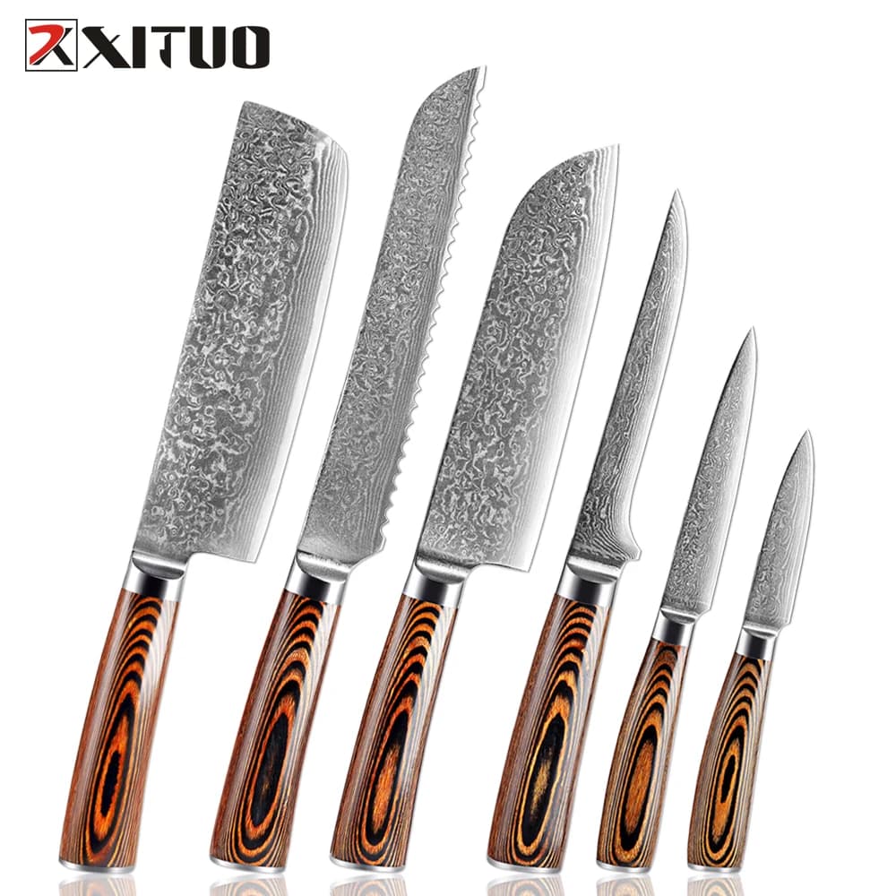Set di coltelli da cucina XITUO 1-6 pezzi, manico in legno colorato, acciaio Damasco affilato per pane, Santoku, mannaia, coltello da cucina, coltello da disosso, coltello da cucina professionale