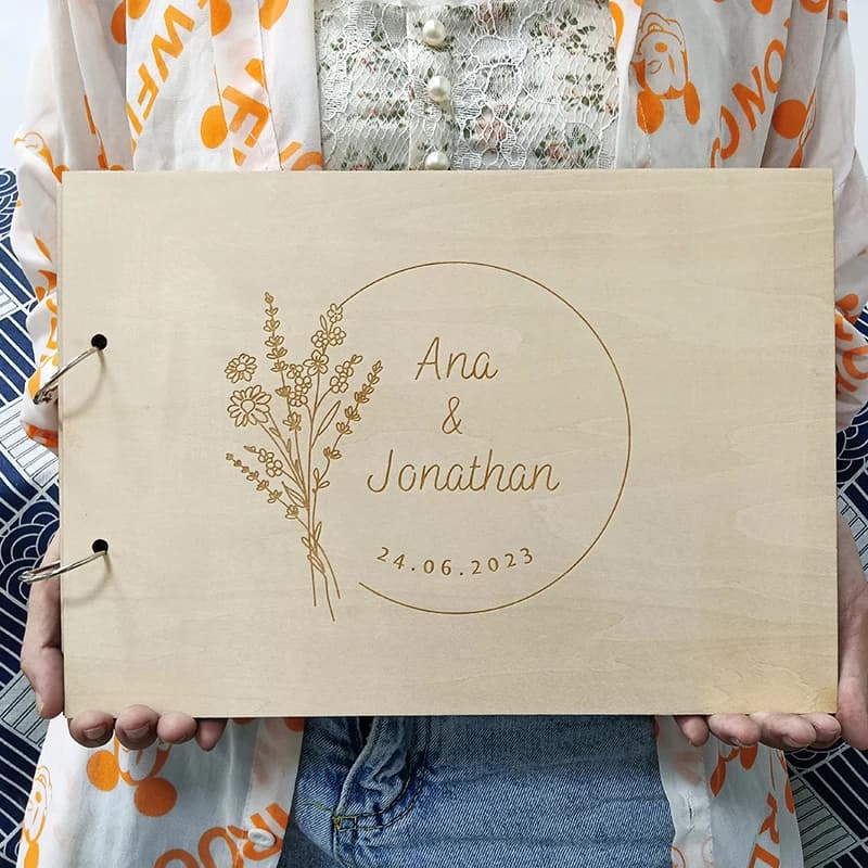 Custom guest book with name and date calligraphy guest book engraved with Laser, guest book in rustic floral wood, Photo Album