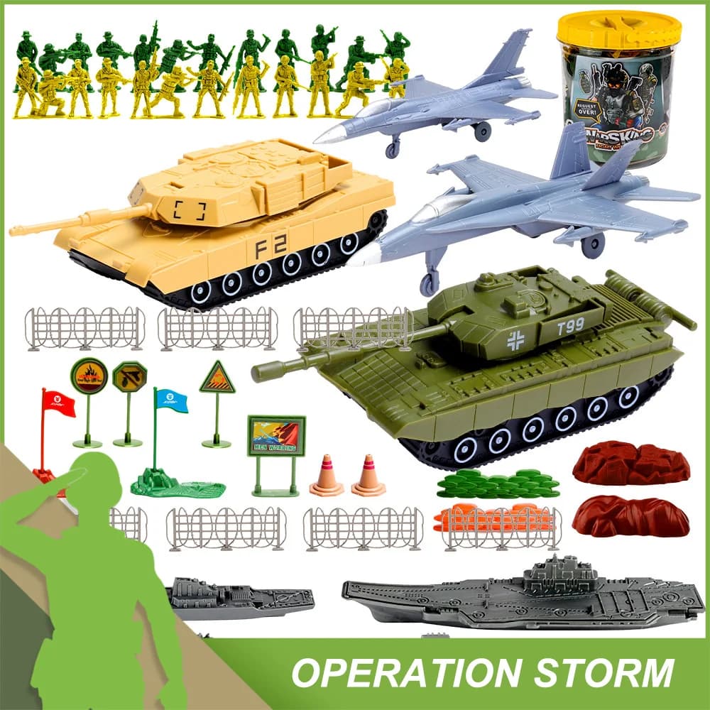 ViiKONDO Army Men Toy Soldier Military Playset Green vs Tan Action Figure Pull-Back Tank Aircraft Warship Big Bucket regalo del ragazzo