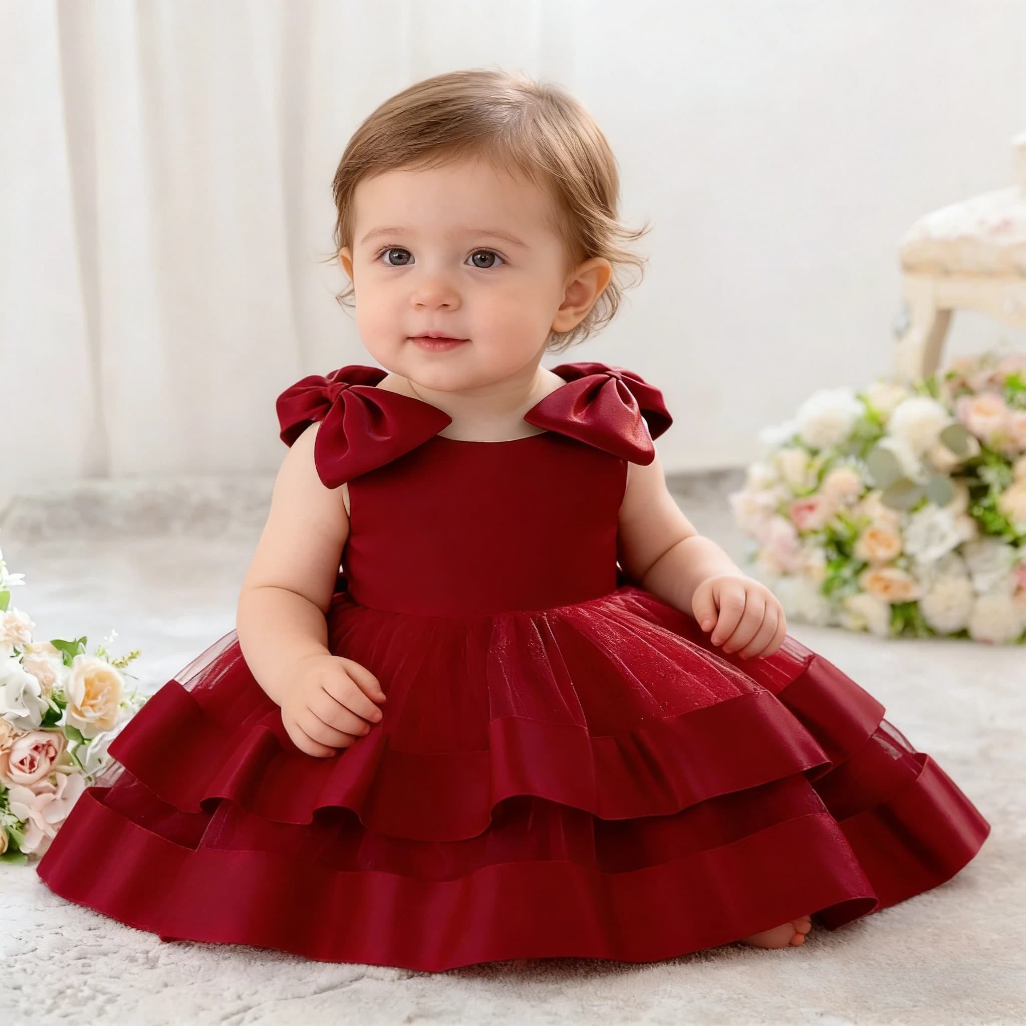 Nuovo Vestito da Principessa per Neonata, Abito Rosso per Battesimo, Vestito con Fiocco e Perline per il Primo Compleanno, Abito Soffice per Bambine ASQ03