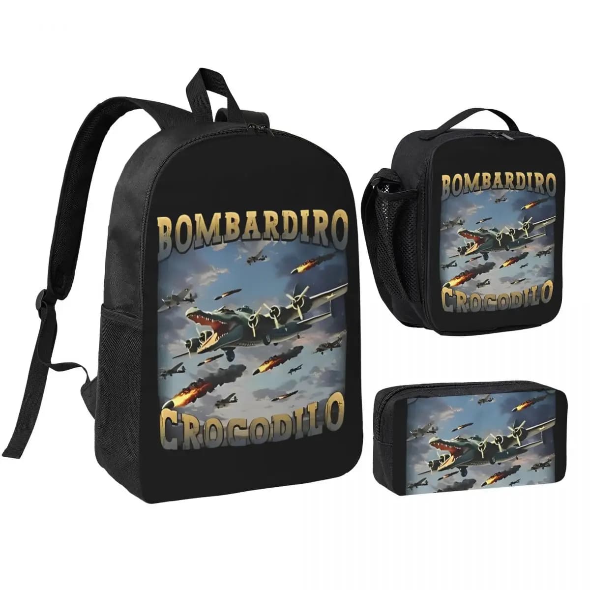 3pecs/set Bombardiro Crocodilo Humor Meme Backpack for Boys Girls Italian Brainrot College Canvas Bags Lunch bag Pencil Case