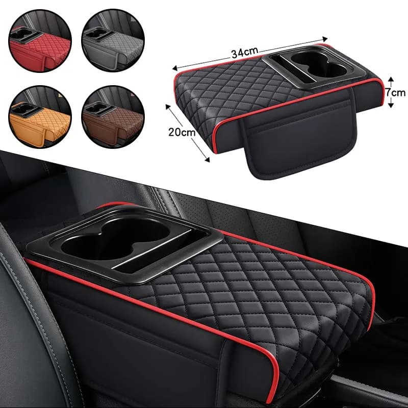 Car Arm Holder Box with Glass Holder, Central Console Organizer, raised cushion for vehicle interior organization