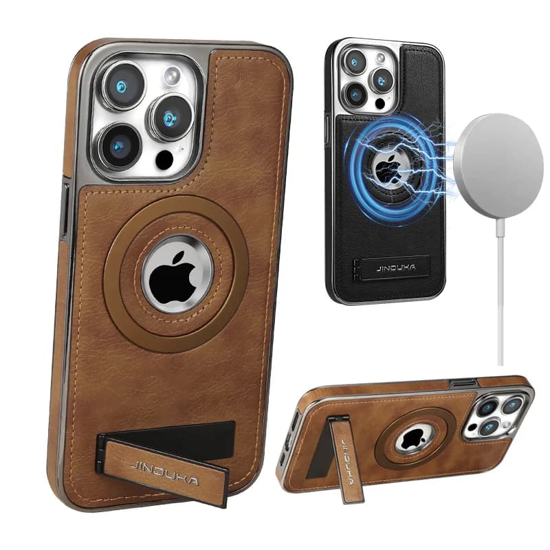 Retro Leather Magnetic Charging Case For iPhone 11 12 13 14 15 16 Pro Max High-end Plating Bumper Metal Bracket Kickstand Cover