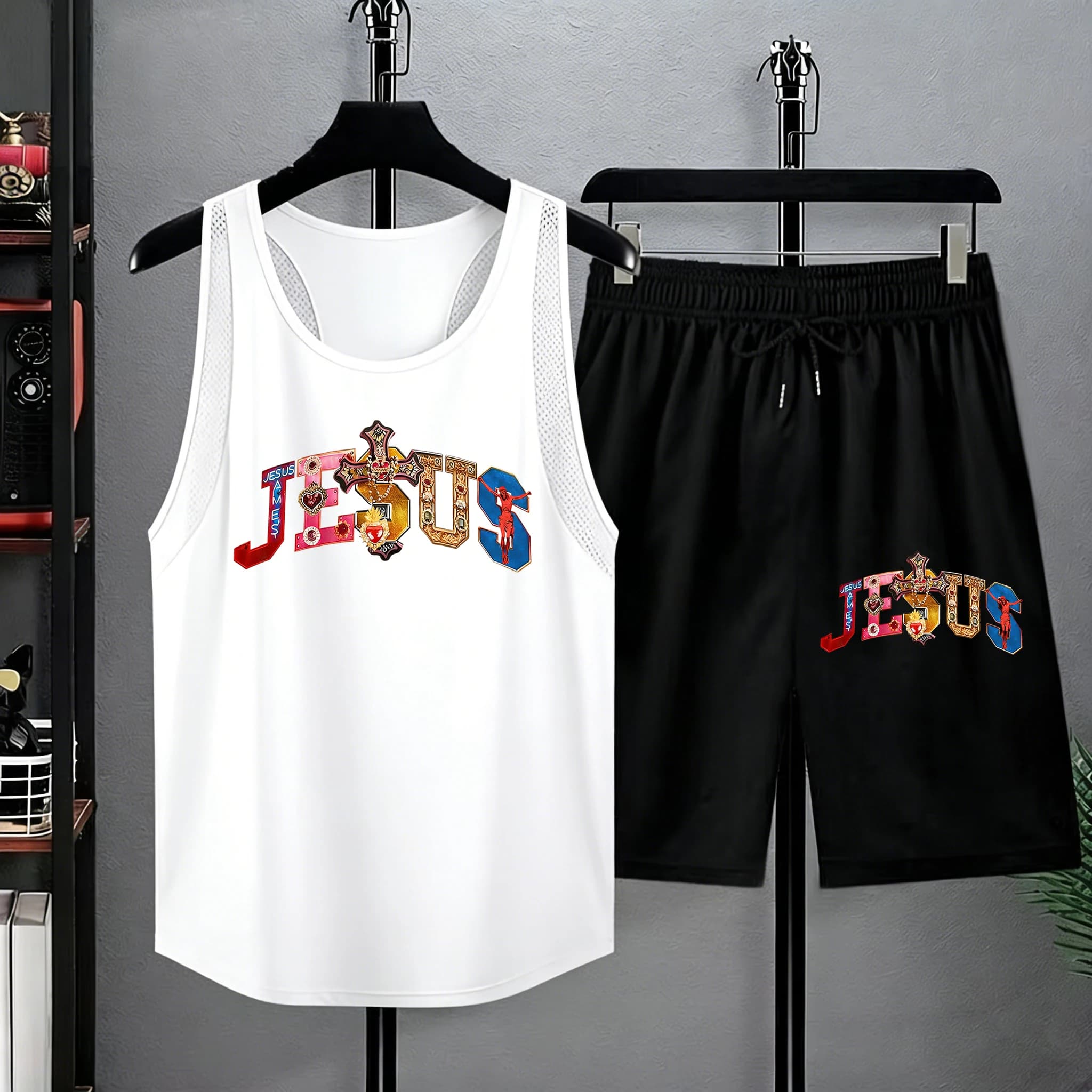 Summer Set with Rapid Drying vest and Beach Shorts with Cross Pattern and Jesus in Multicolor Precious Stones, Classic Men's Sports Clothing