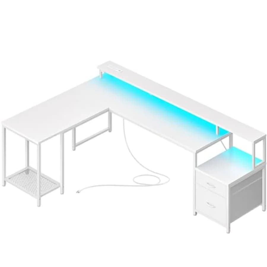 Scrivania da Gaming a L da 66 Pollici con Luci LED e Prese di Corrente, Scrivania per Computer con Cassetti in Tessuto e Supporto per Stampante, Scrivania Angolare da Ufficio
