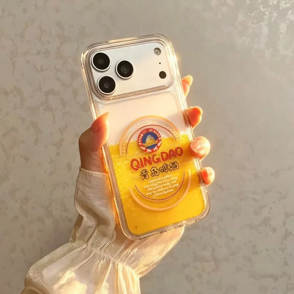 Funny Qingdao Beer Liquid Quicksand Phone Case For iPhone 17 16 15 14 13 12 11 Pro Max Plus 16E 17E Clear Shockproof Soft Cover