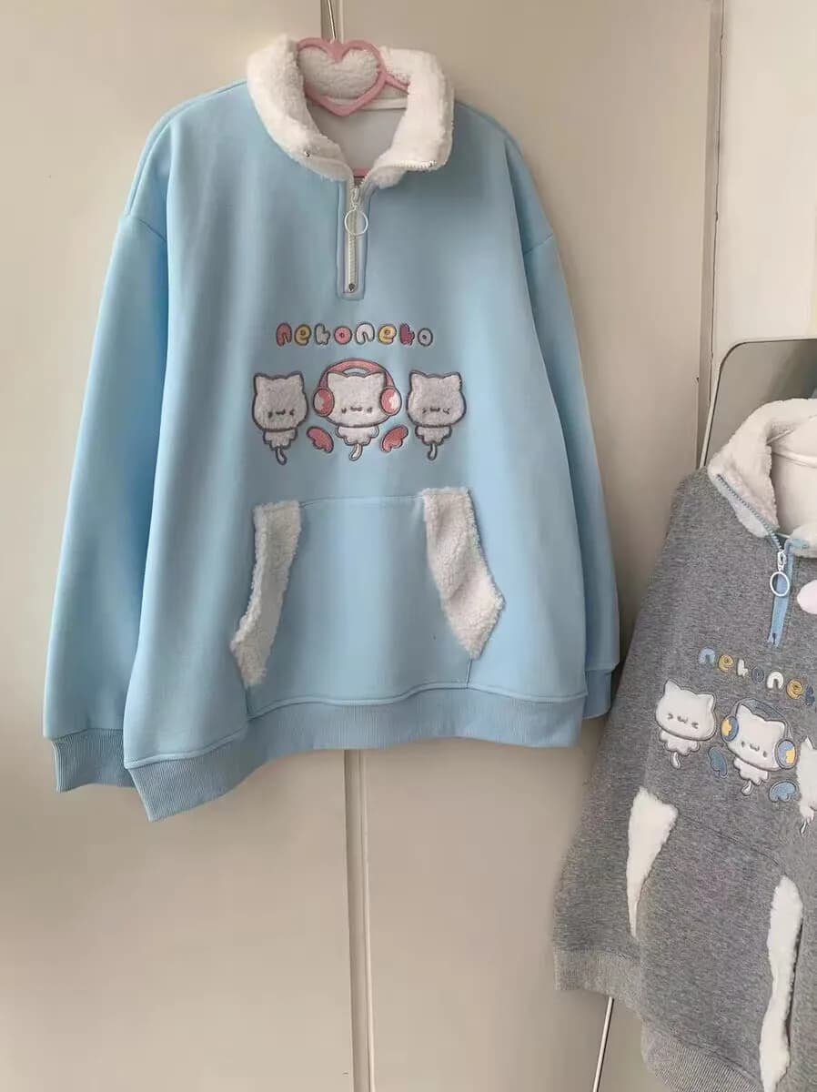 Felpa con cappuccio a maniche lunghe foderata in pile con stampa Kawaii, con colletto, per studentesse, stile Soft Girl, autunno inverno, top alla moda