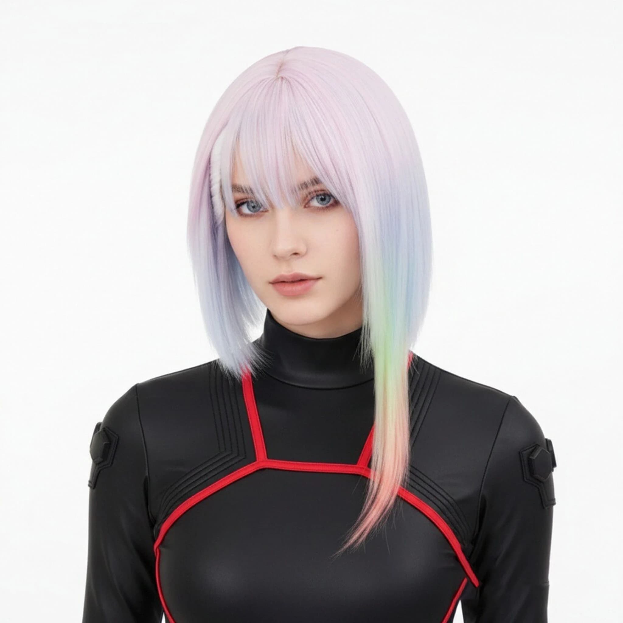 Punk Anime Game Characters Lucy Pastel Multicolor Gradient Wig Fringe Short Hair Rainbow Synthetic Sci-fi Themed Party Cosplay