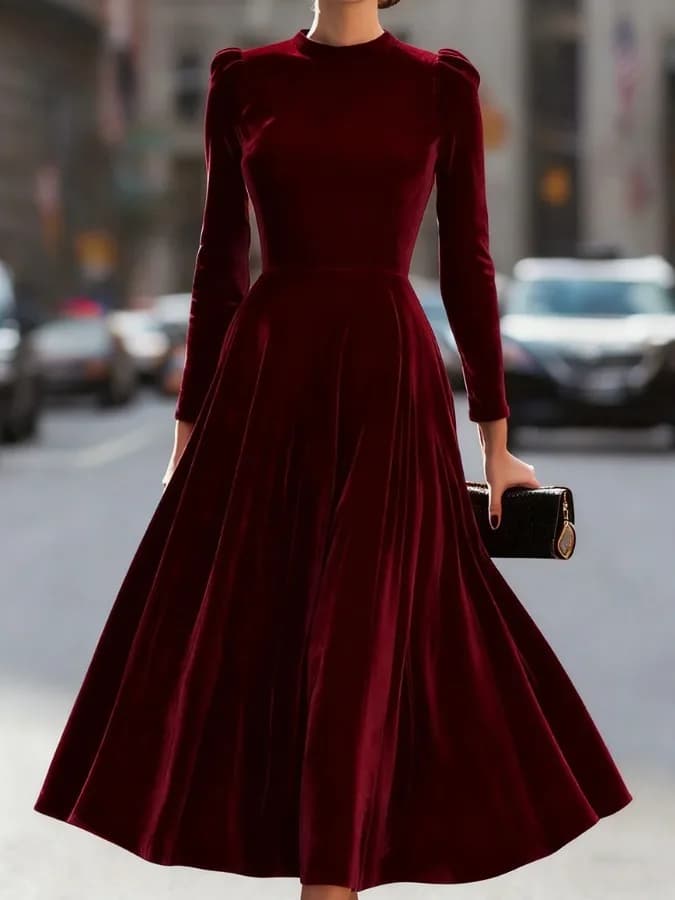 Nuovo Abito da Sera Elegante Hepburn con Collo Rotondo, Vita Alta, Maniche Lunghe in Velluto, Linea ad A, Moda Femminile Primaverile