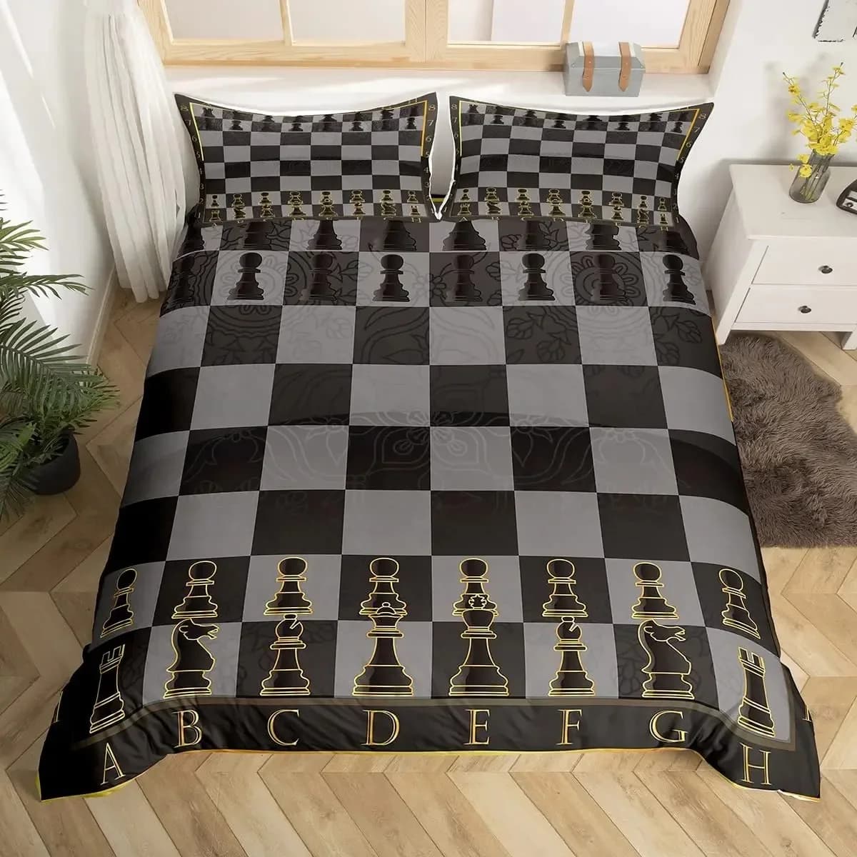 Set copripiumino per scacchi Giochi sportivi per scacchi Set di biancheria da letto Plaid di bufalo Copripiumino a quadri Fiori Copripiumino a scacchiera Queen
