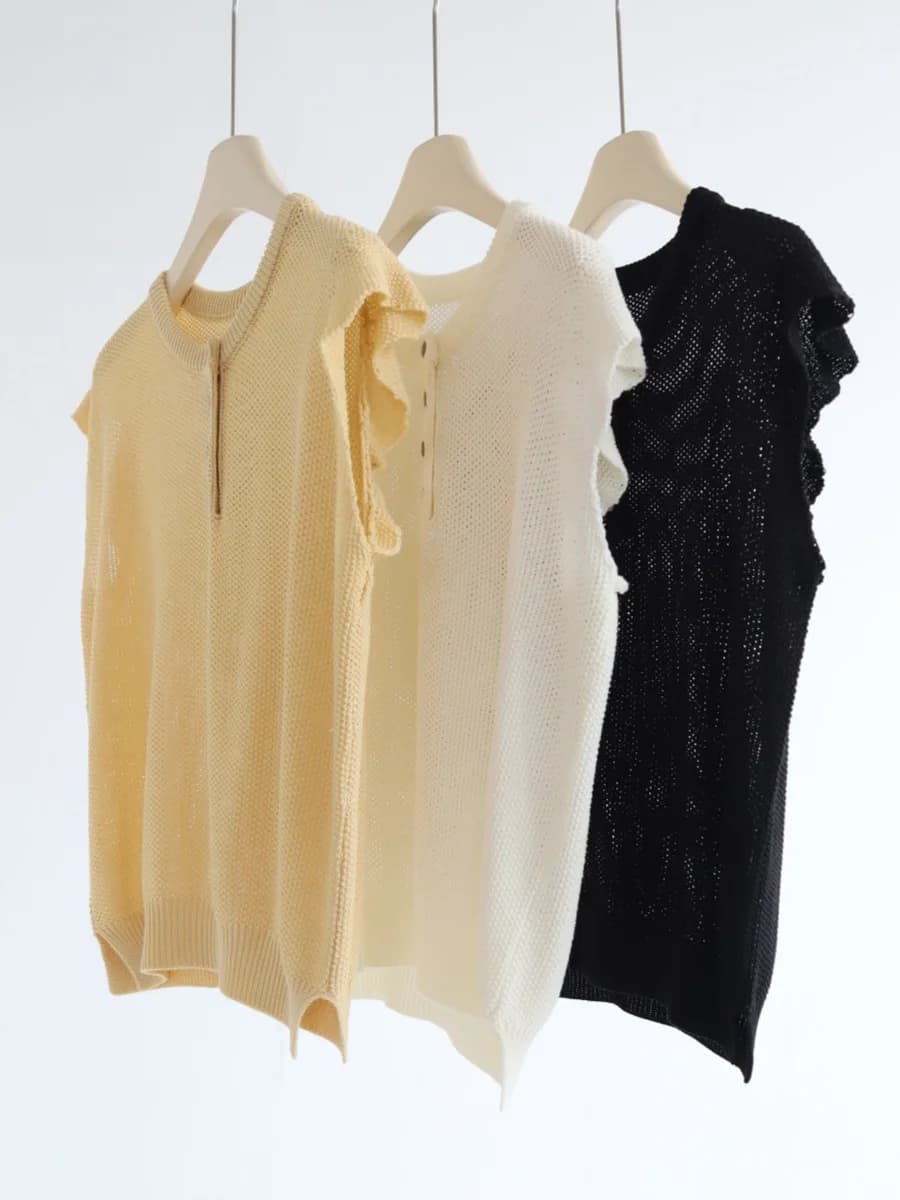 Dave&di Coarse Needle Linen Ruffled Sleeveless Semi Open Neck Knitted Top For Women's Summer New Design Sense Top