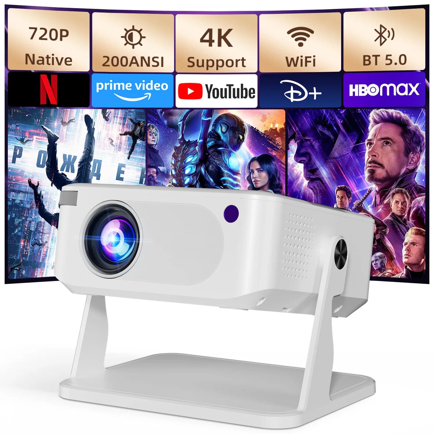 AOC HA109 Proiettore 4K Android 11 Proiettori 720P Wifi5 200 "Proiettore portatile Bt5.4 1280*720P Home Cinema Proiettore esterno