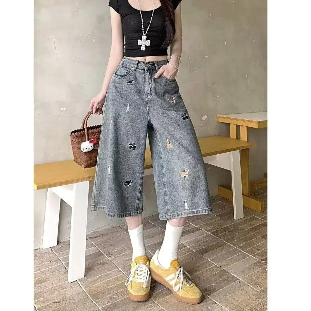 Jeans Capri Ricamati Americani Taglie Forti, Nuovo Stile Estivo, Vita Alta, Modellanti, Casual e alla Moda