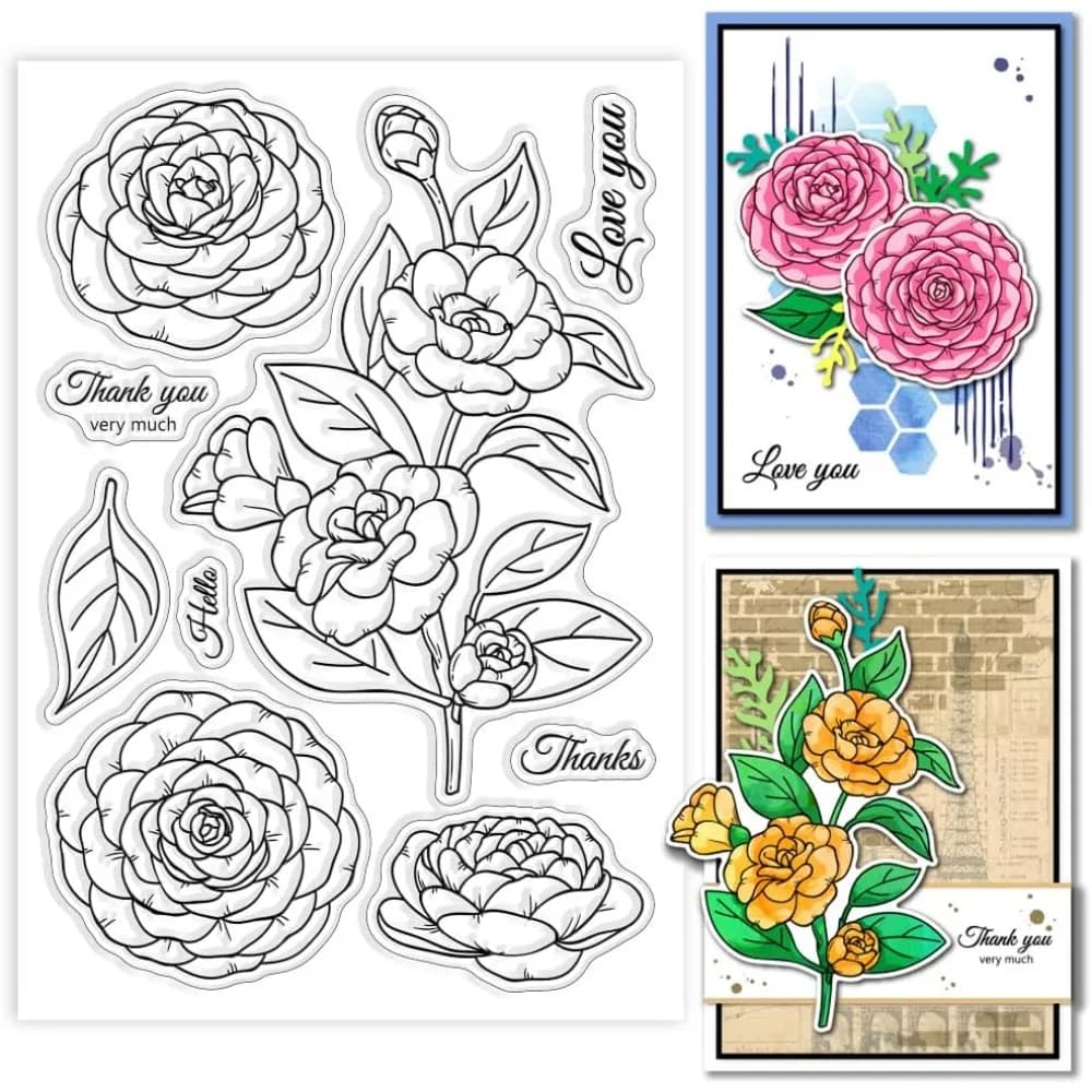 Camellia Clear Stamps Flowers Silicone Clear Stamp Plants and Leaves Transparent Stamps for DIY Scrapbooking and making kit