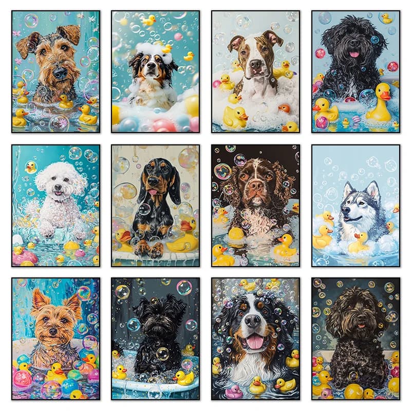 Poster divertenti con animali che si bagno, immagini HD di cani, dipinti e stampe con diamanti, decorazioni da parete per bagno, senza cornice, idea regalo