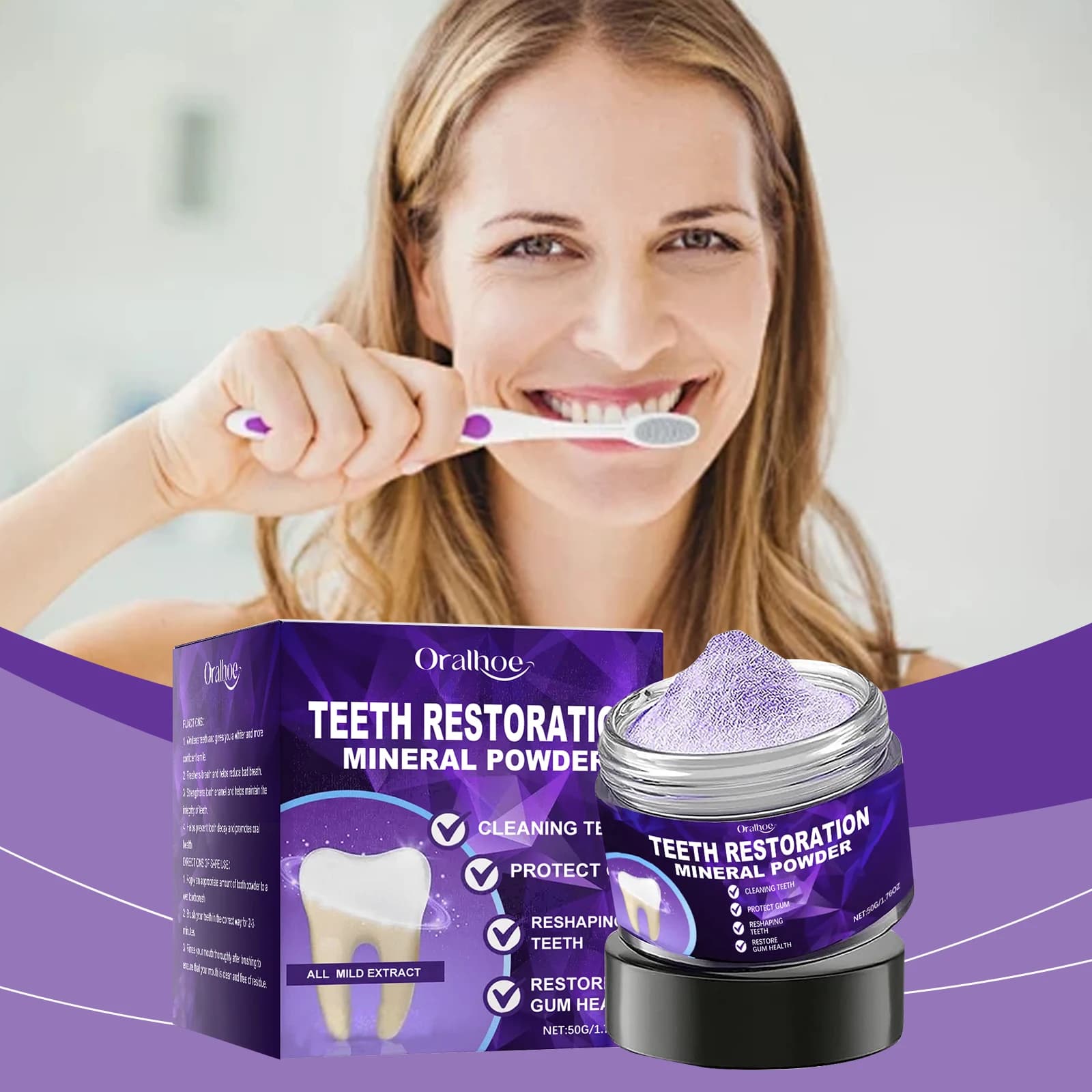 Oralhoe 50g Purple Tooth Whitening Powder Remove Plaque Stains Calculus Bad Breath Yellow Stain Oral Hygiene Cleaning Tooth Care