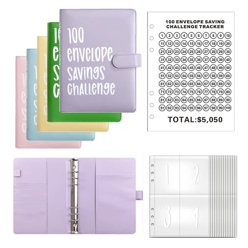 Raccoglitore per notebook in pelle PU, pianificatore di denaro, pianificatore di denaro, per risparmiare contanti, buste con cerniera, tasche adesive