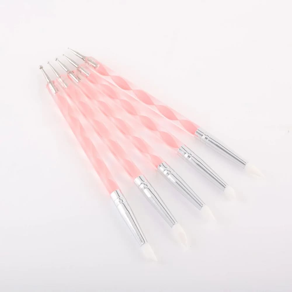 Set di 5 Penne per Nail Art in Silicone a 2 Punte, Strumenti in Acciaio Inox per Decorazione Unghie, Penne per Marmorizzazione e Pittura