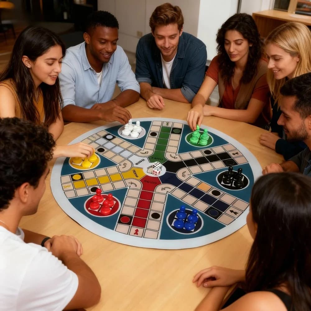 LUDO Game Board 6-Player big size 35CM/13.78IN- INCLUDE:1 circular chess mat, 24 pieces in 6 colors, 2 dice