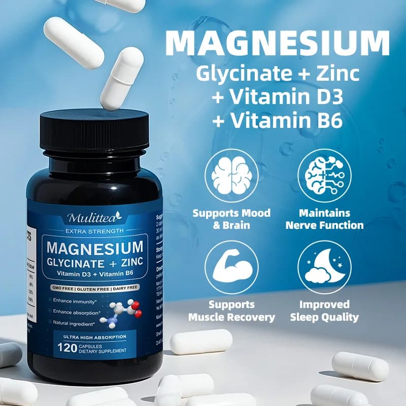 Vegan capsules with magnesium glycinate Mulittea with supports of vitamin D3 and B6 of zinc to promote the function of nervous intestinal relaxation