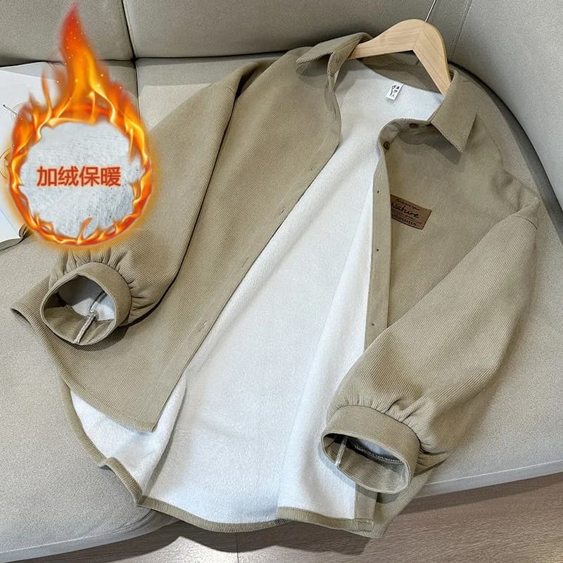 Thicken Velvet Corduroy Shirt Women Winter Turn-down Collar Button Solid Oversized Warm Blouses Lantern sleeves Outerwear Jacket