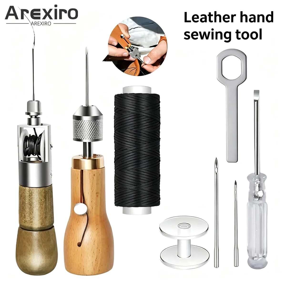 7Pcs Leather Sewing Awl Tool Set, Hand Stitching Repair Kit with Waxed Thread Needles for Canvas Shoes Belt DIY Craft