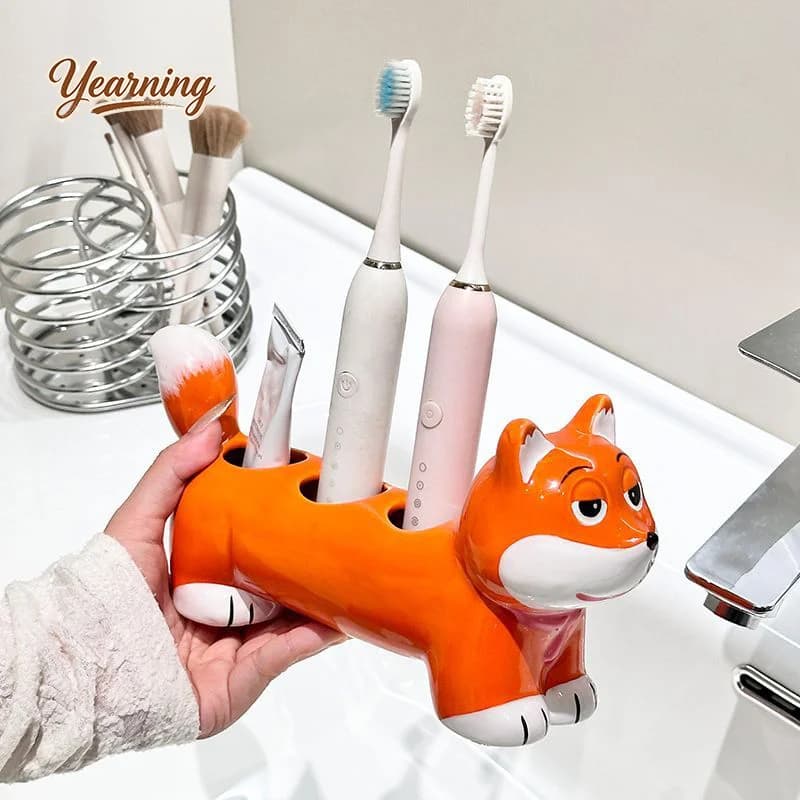 Cute Fox Ceramic Toothbrush Holder Bathroom Sink Organizer Drainable Rack for Electric Toothbrush Toothpaste Storage