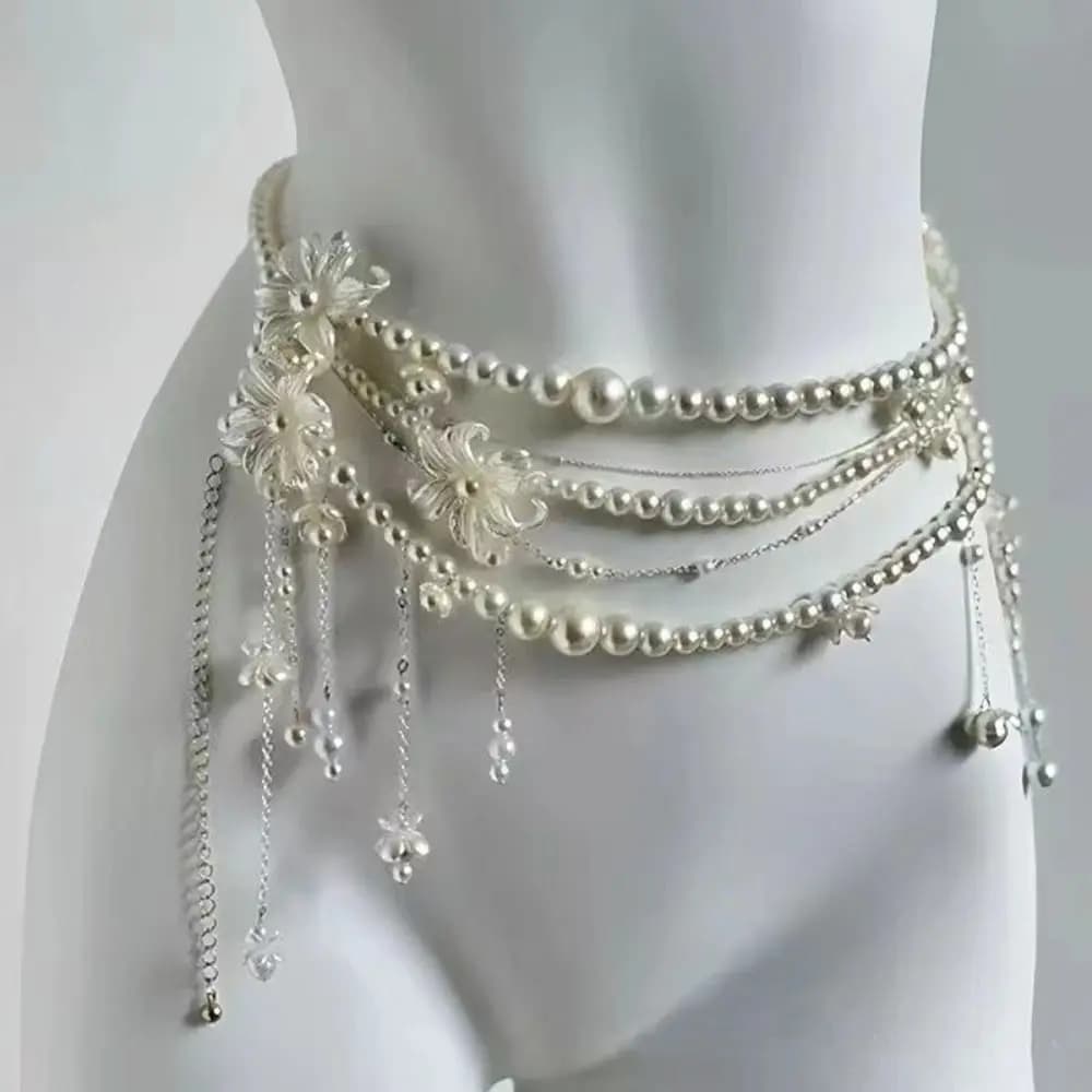 Catena per la Vita Elegante con Perle, Accessorio Floreale Boho, Catena Versatile per la Pancia e i Fianchi da Donna