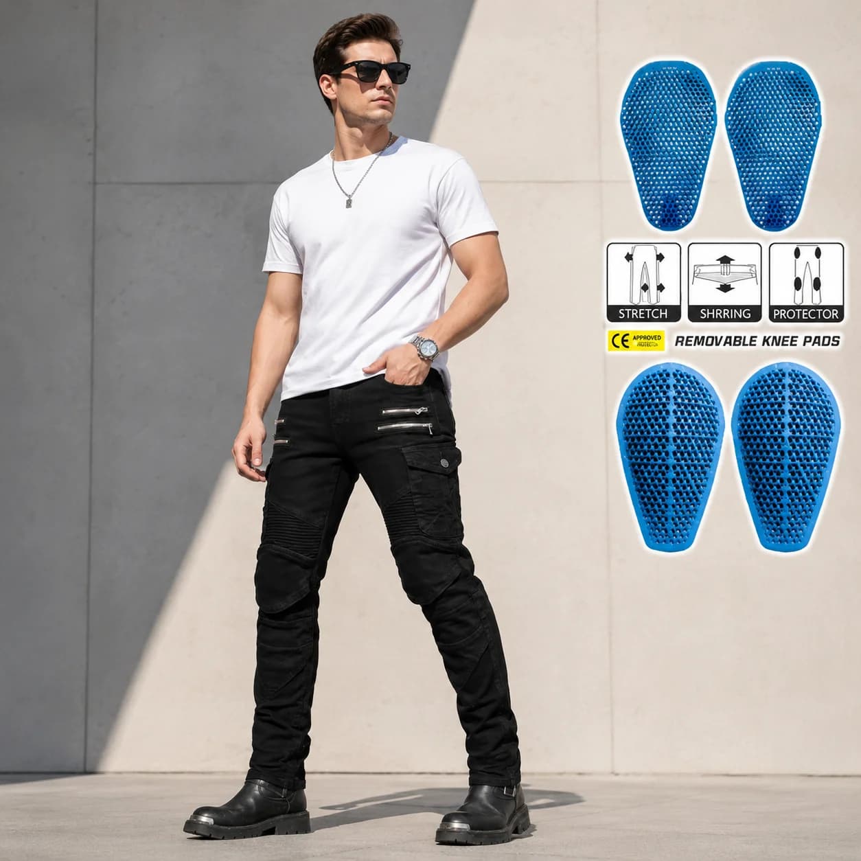 Jeans da Moto VOLERO per Uomo in Kevlar con Quattro Cerniere, Protezione CE Anti-Caduta, Resistenti agli Strappi, Pantaloni da Biker con Imbottiture in Silicone