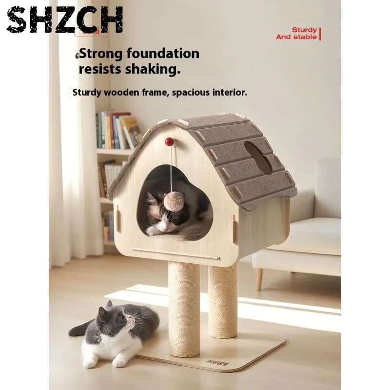 Space-Saving Wooden Cat Tower with Roof Perch Compact Scratching Post Climbing Frame Bed for Small Spaces