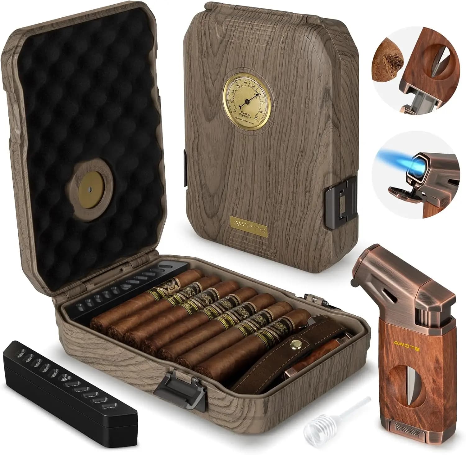 Travel Cigar Humidor Case - Cedar Lined, V-Cut Cutter, Portable with Humidifier & Hygrometer, Holds 7-9 Cigars, Includes Lighter - Gift Set