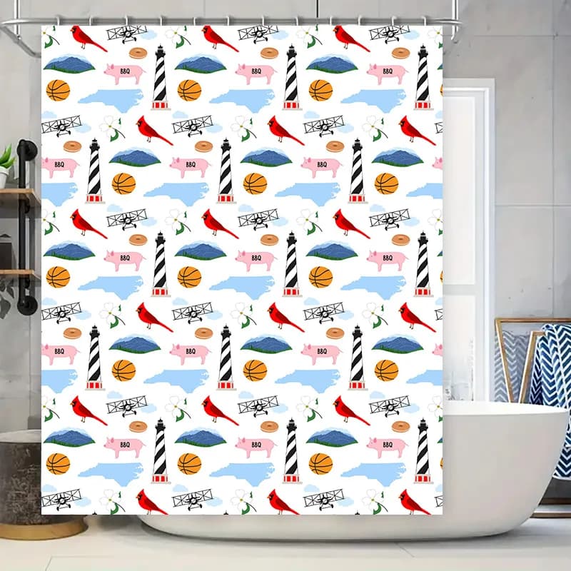 Tenda da doccia decorativa blu e bianca con vari modelli tra cui luci bianche nere, cardinali rossi, maiale rosa, airp
