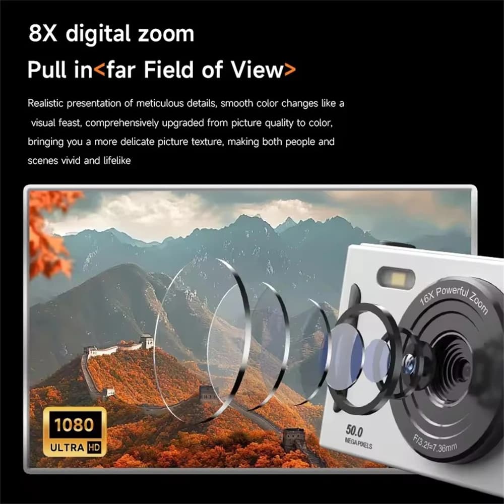 Fotocamera Digitale 4K con Doppia Lente e Flash, 50 Milioni di Pixel, Schermo Retrò da 2,4 Pollici, CCD Portatile, Zoom Digitale 8x per Principianti