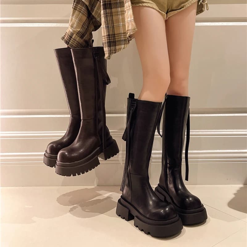 Stivali da Donna con Punta Rotonda Sopra il Ginocchio, Scarpe Invernali con Cerniera, Calzature Autunnali in Gomma, Stile Lolita con Tacco Alto 2026, in Pelle