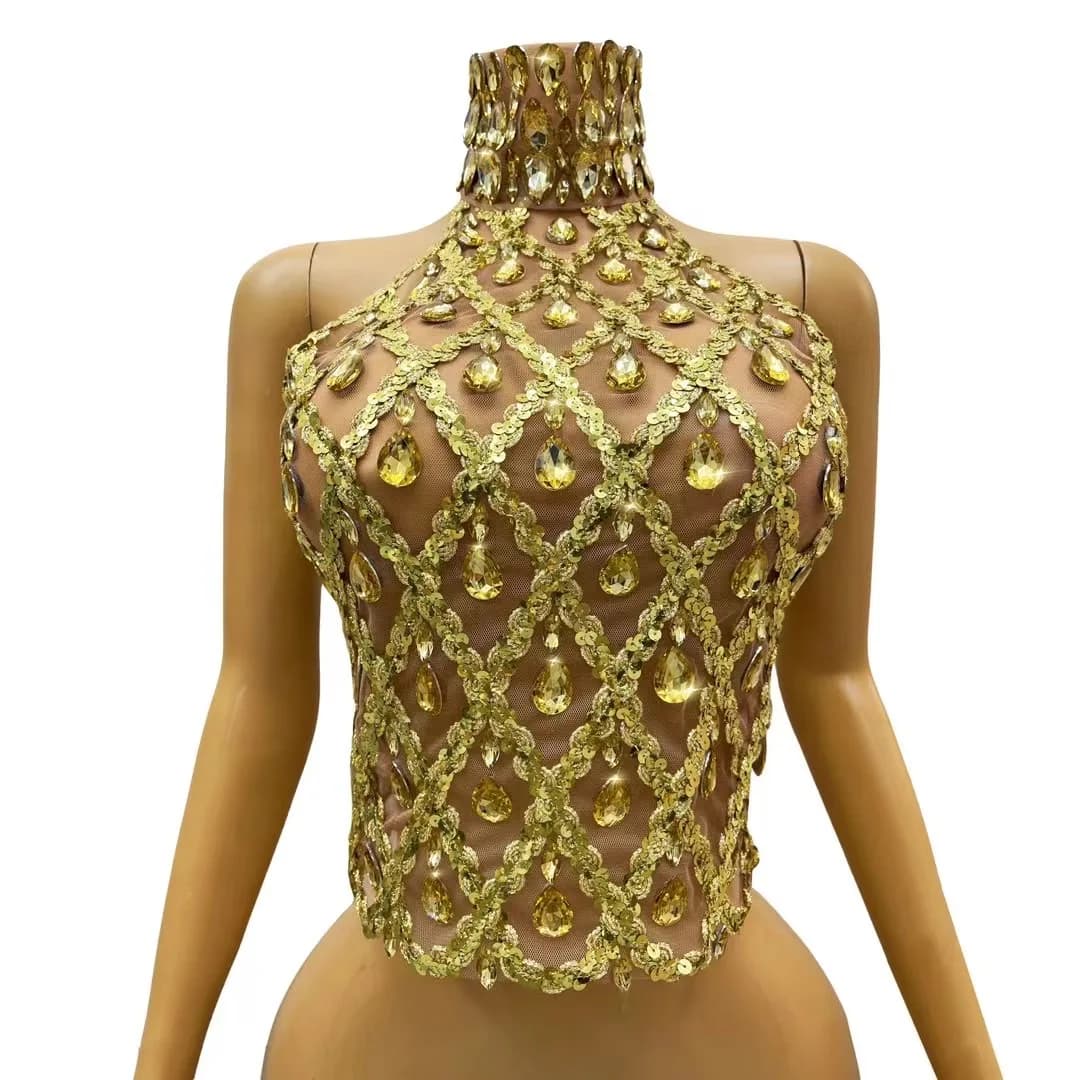 Top in rete di strass in oro scintillante donna Sexy See Through Evening Party Birthday Wear Nightclub Stage Performance Costume