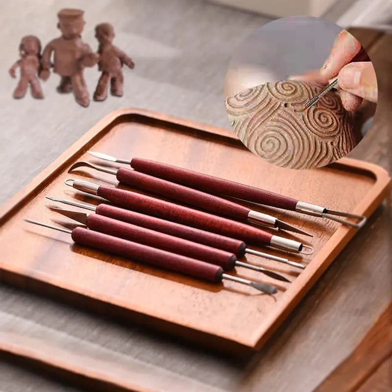 Set di 6 Utensili per Ceramica in Legno e Acciaio Inossidabile, Coltello a Doppia Punta per Riparazione Argilla, Set di Strumenti per Scultura e Intaglio in Argilla